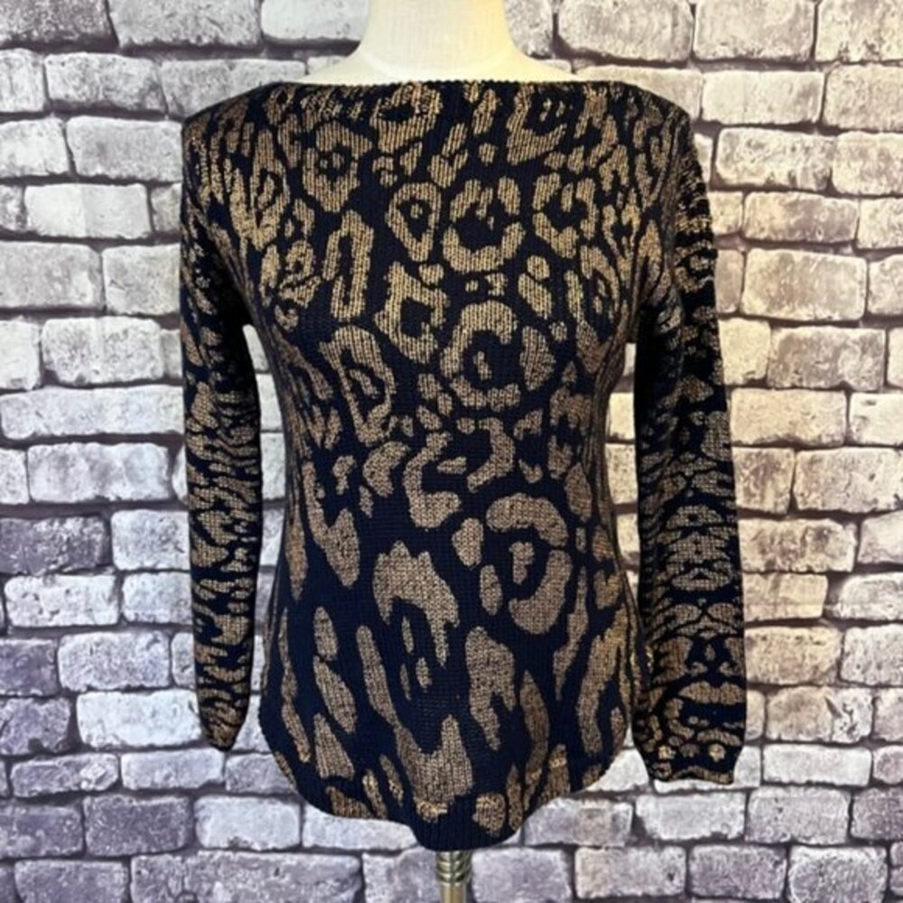 Chico's Blue & Gold Knit Rounded Bottom Sweater Size Small